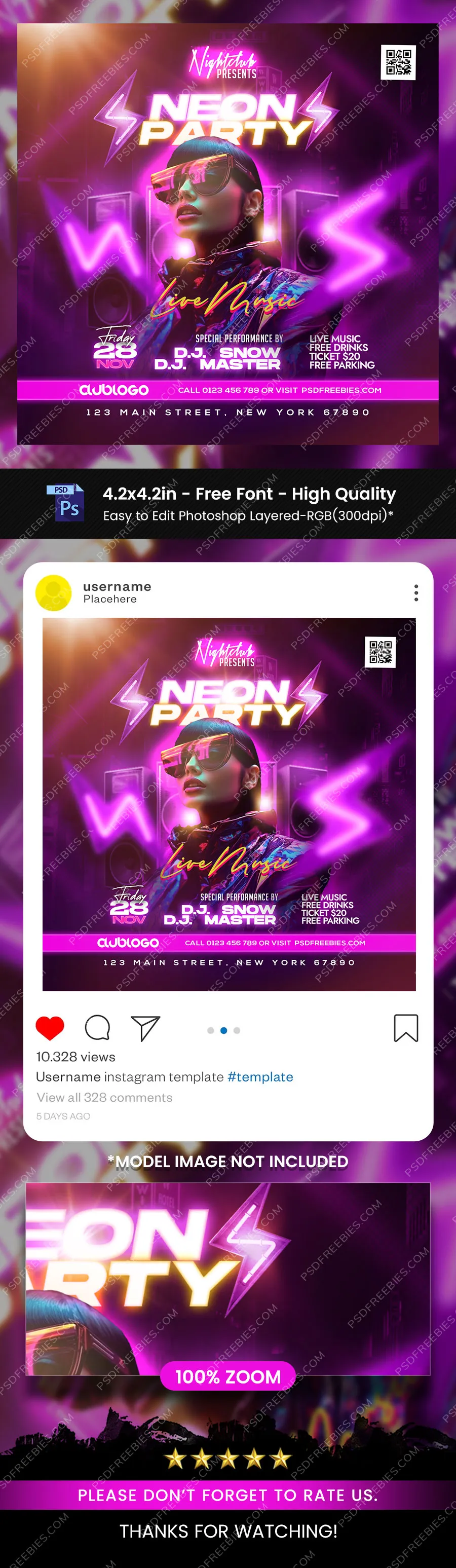 Neon Night Club Party Social Media Post PSD
