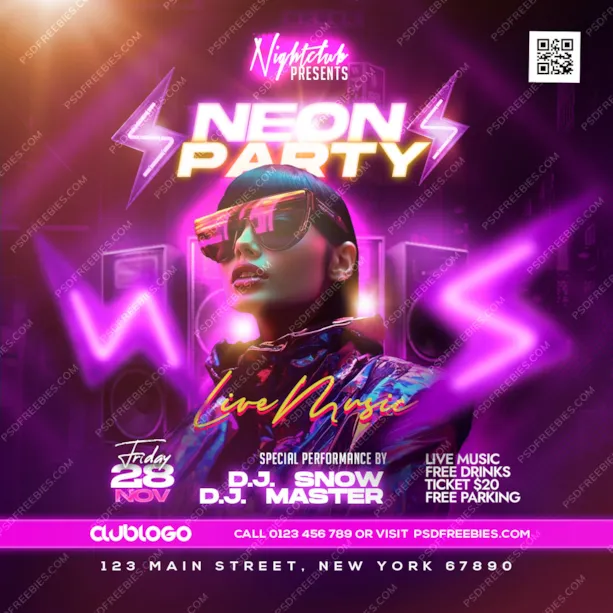 Neon Night Club Party Social Media Post PSD
