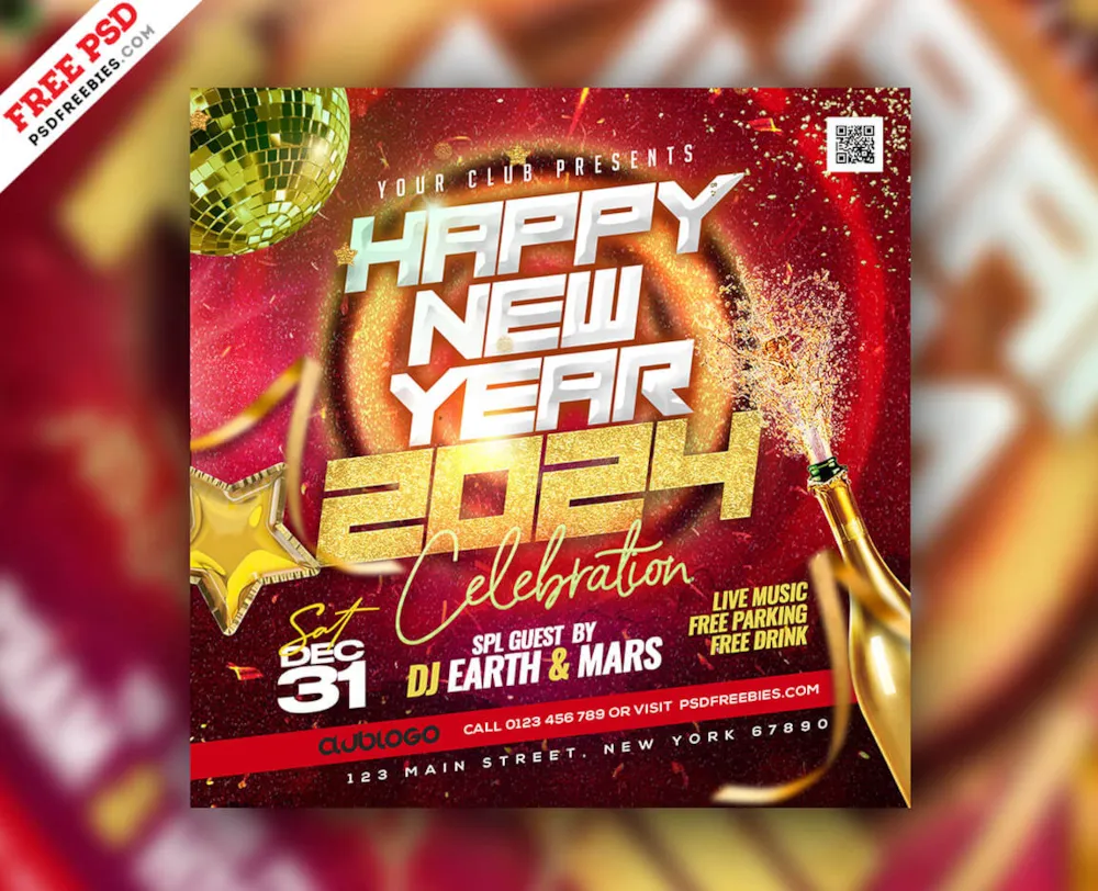 New Year 2024 Party Celebration Instagram Post Design PSD