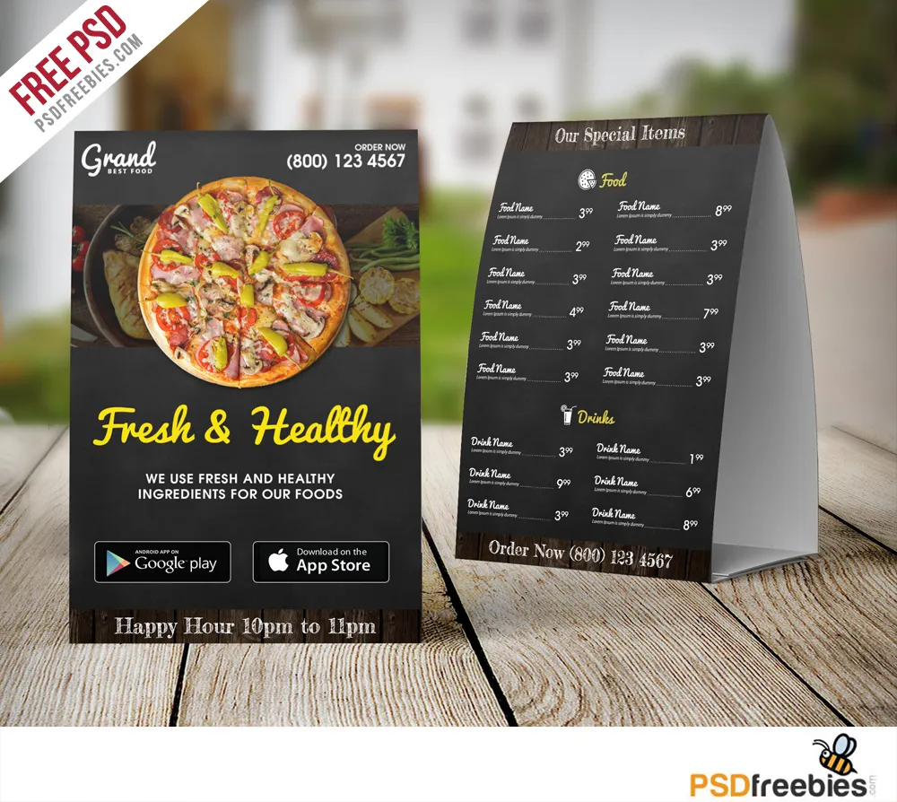 Restaurant Food Menu Table Tent Template Free PSD