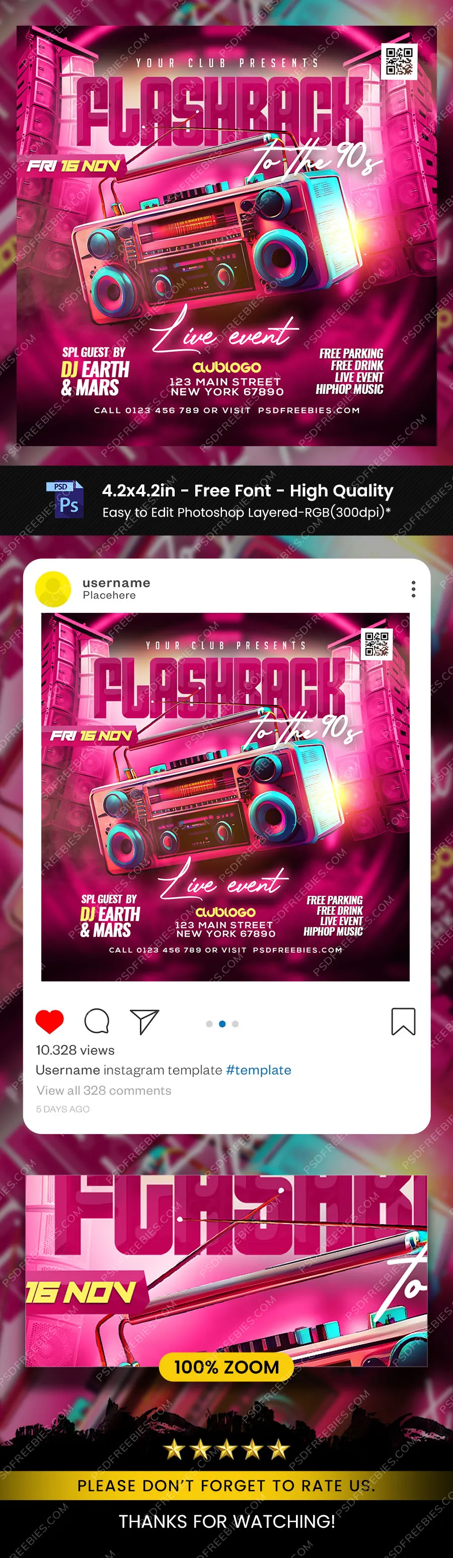Retro 90s Music Party Social Media Post PSD