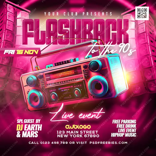 Retro 90s Music Party Social Media Post PSD