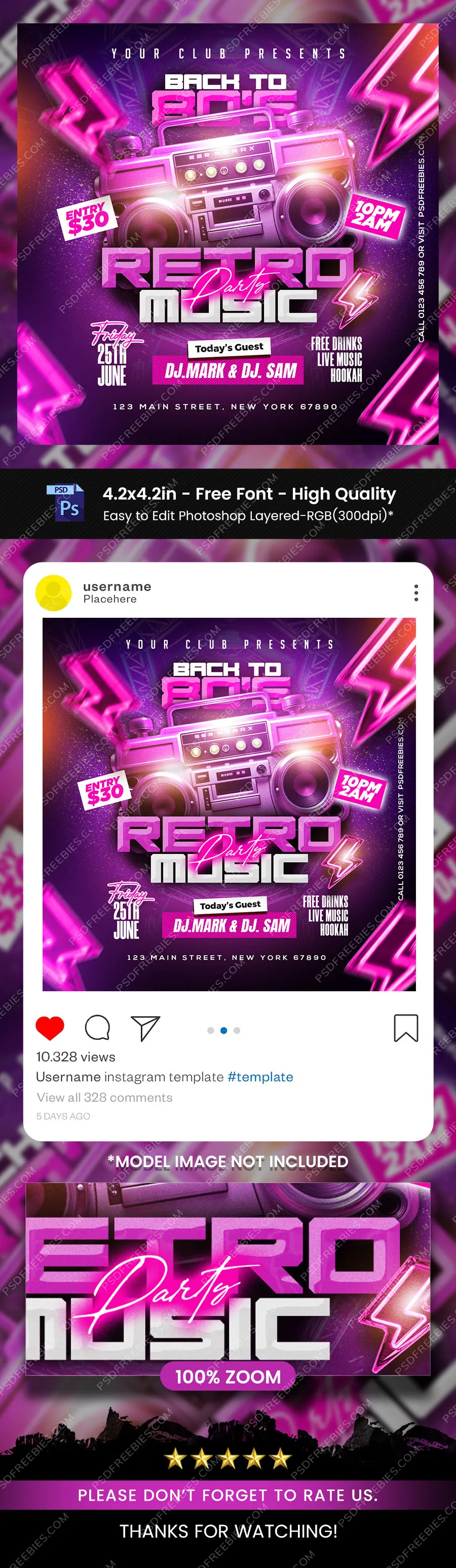Retro Neon Music Party Post PSD Template