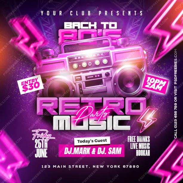 Retro Neon Music Party Post PSD Template