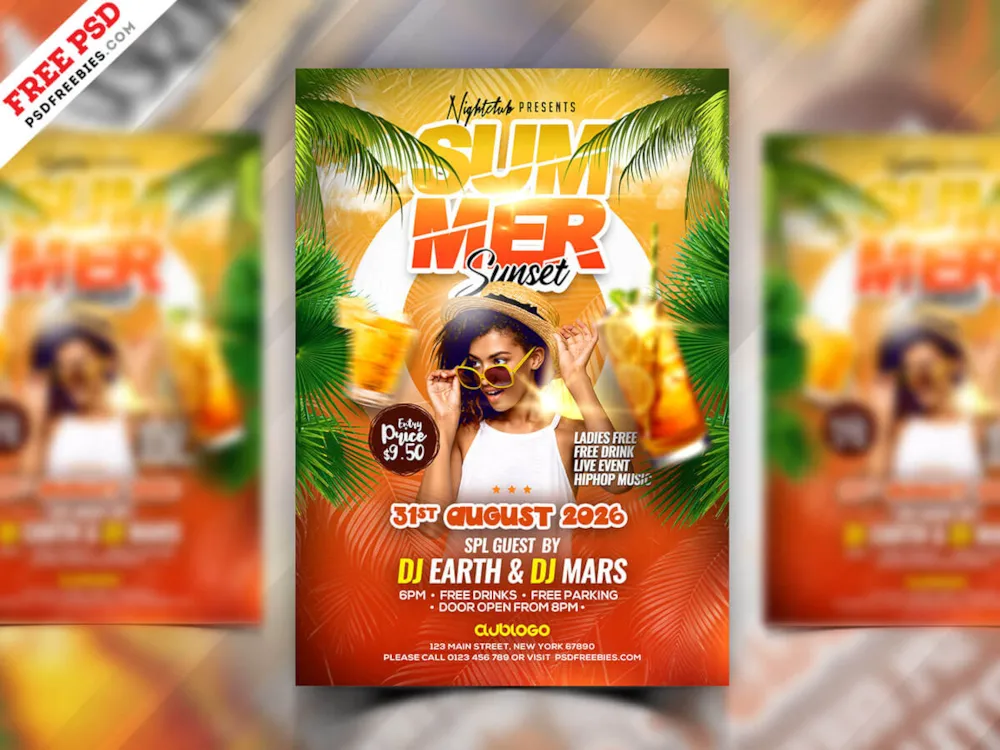 Summer Sunset Party Flyer PSD Template
