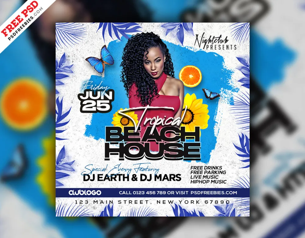 Tropical Beach House DJ Party Social Media Post PSD
