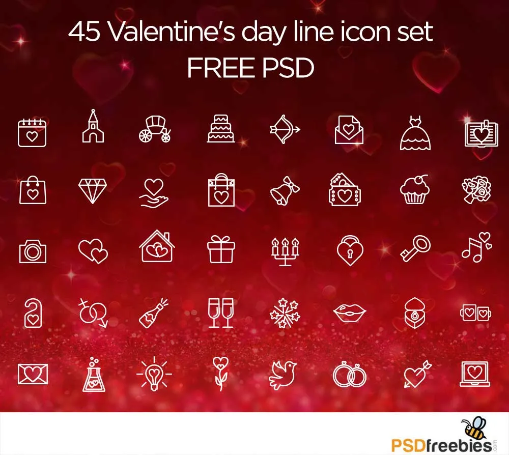40+ Valentine day line icon set Free PSD